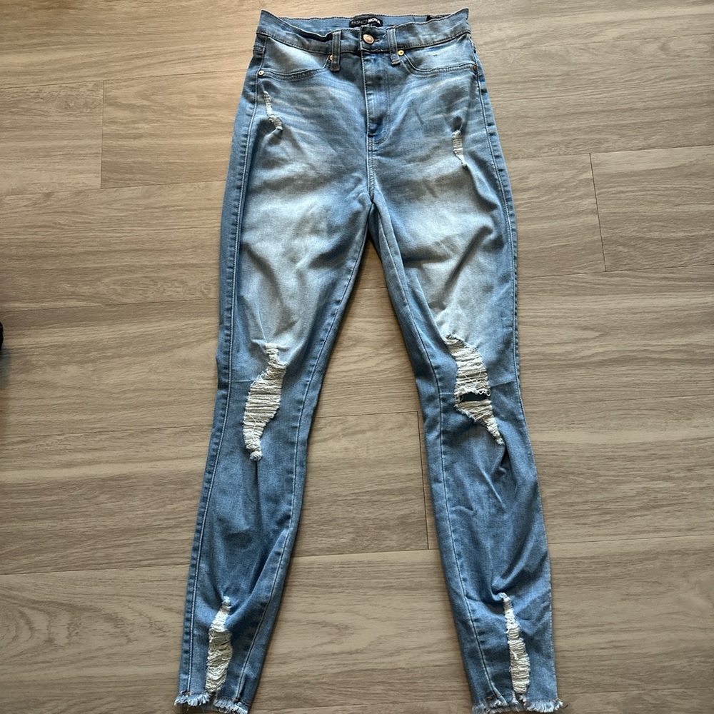Fashion Nova Light Blue Distressed Skinny Jeans